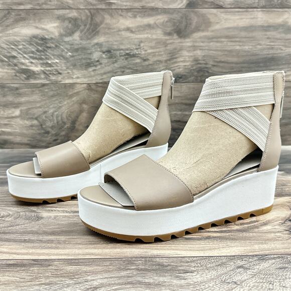 NIB Sorel Cameron 9.5M Flatform Platform Ankle Strap Leather Sandals Taupe - Picture 3 of 10